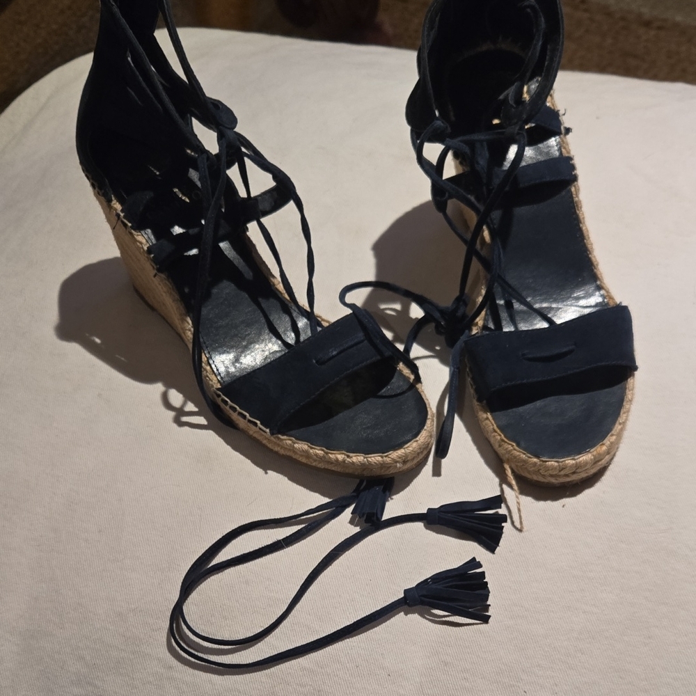 Navy Blue Suede Espadrille Wedge Sandals